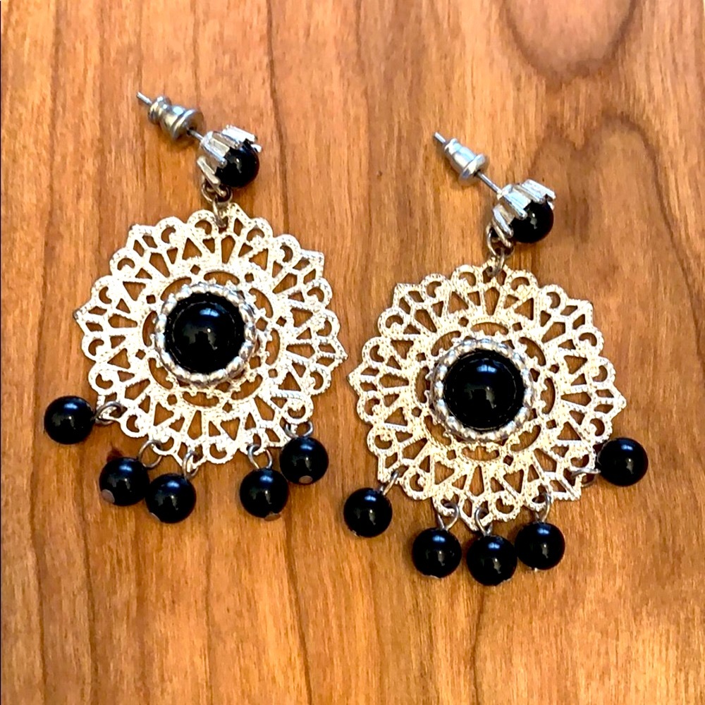 Silver Black Beaded Earrings